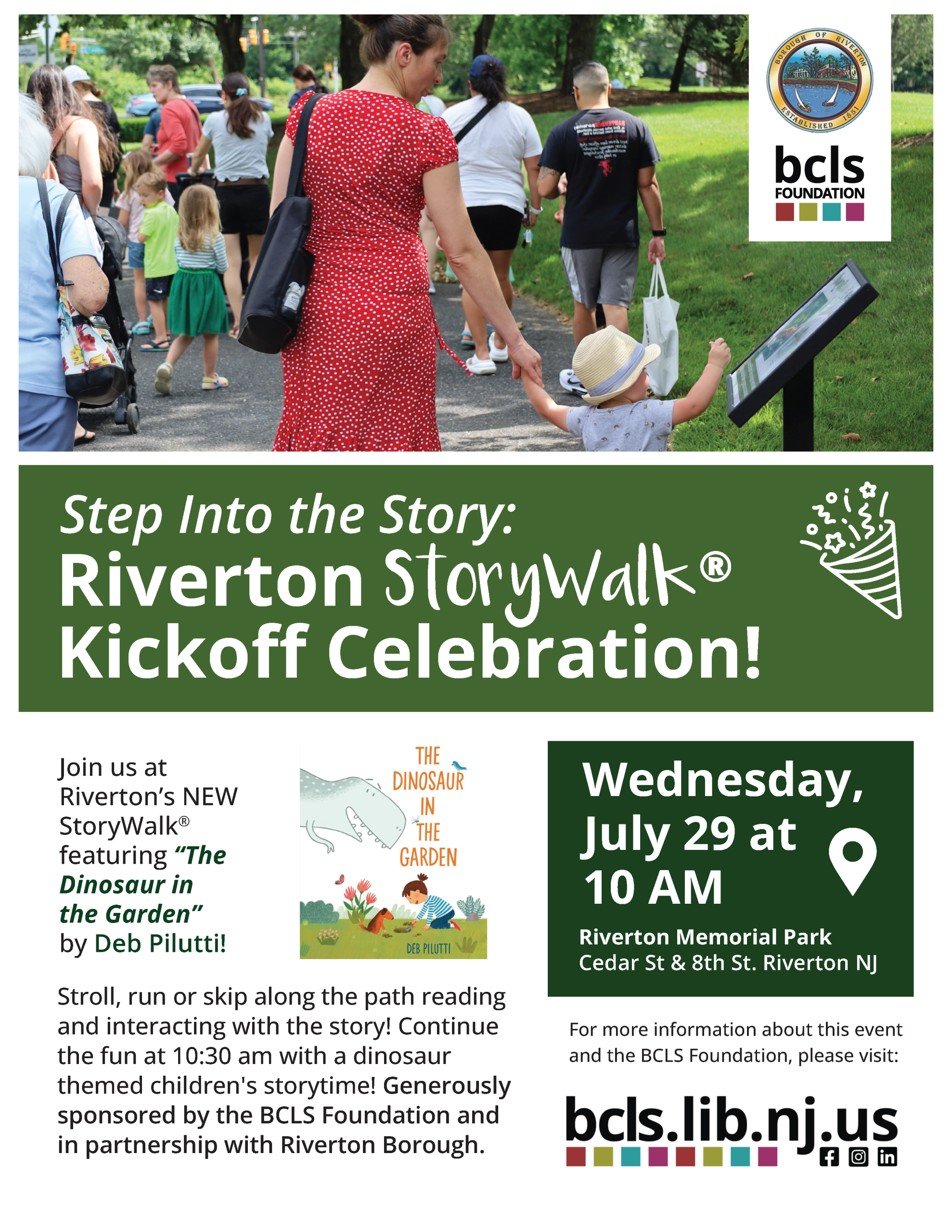 Flyer advertising Riverton Storywalk Kickoff Celebration. Features photo of adults and children looking a signs in a park setting. Includes event description and the cover of a children's book about dinosaurs.