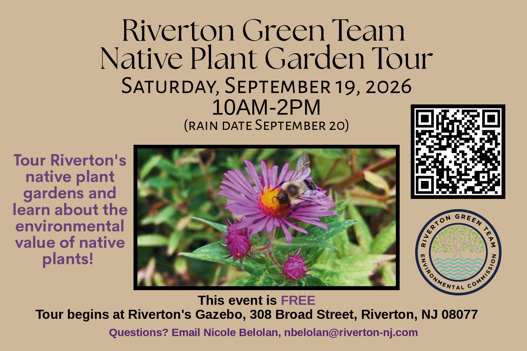 Announcement for the "Riverton Green Team Native Plant Garden Tour" including the date of Septemner 19, 20206 (rain date Sept. 20. Notes the event is free and starts at 308 Broad Street. Includes purple aster and bee, QR code, and green team and environmental commission logo.