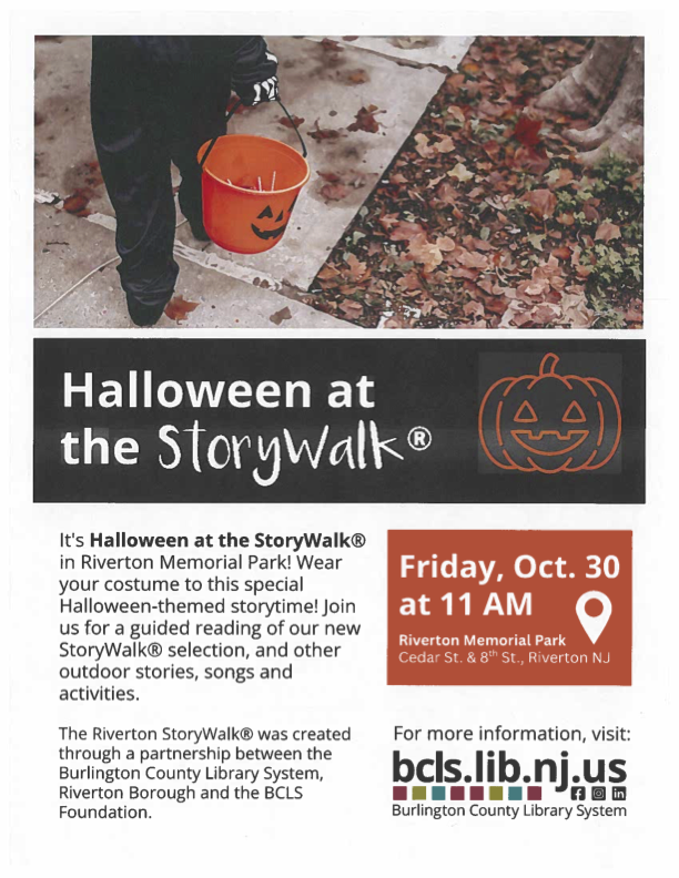 Flyer featuring a child with a halloween bucket walking down a sidewalk with fall leaves at either side